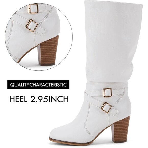 Women White Mid Knee High Boots Chunky Heel Slouchy Metal Buckle Winter Shoes - Picture 4 of 7